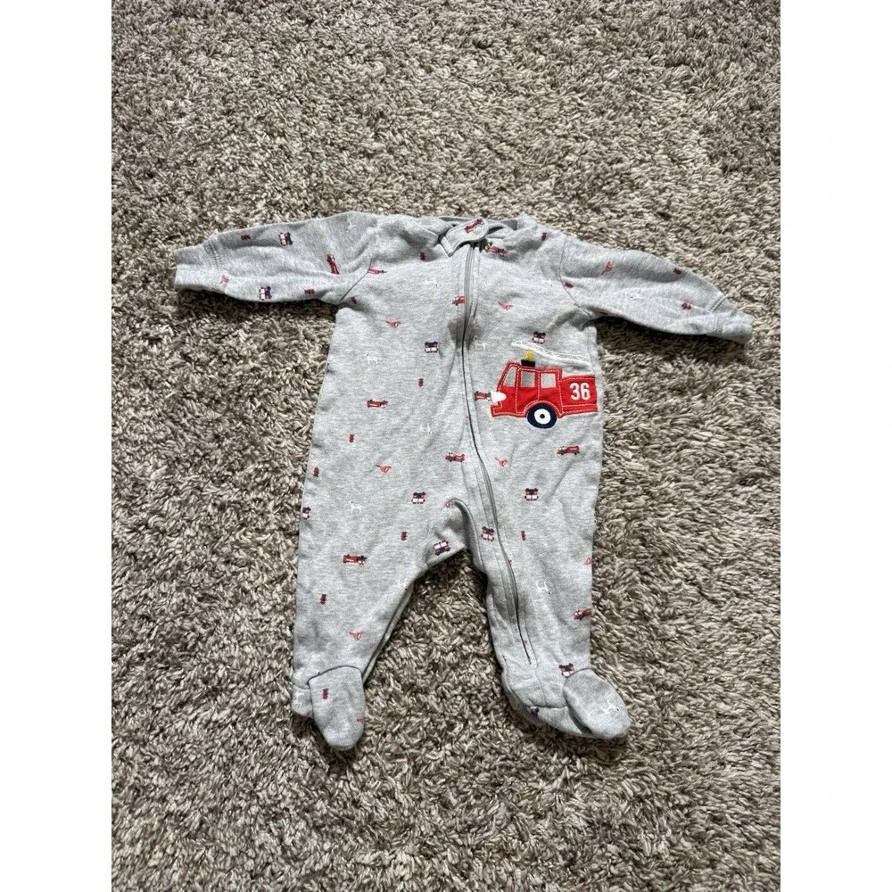 Carter’s Baby Boy Fire Truck Footed Sleeper Pajamas Gray 3M Zip-Up